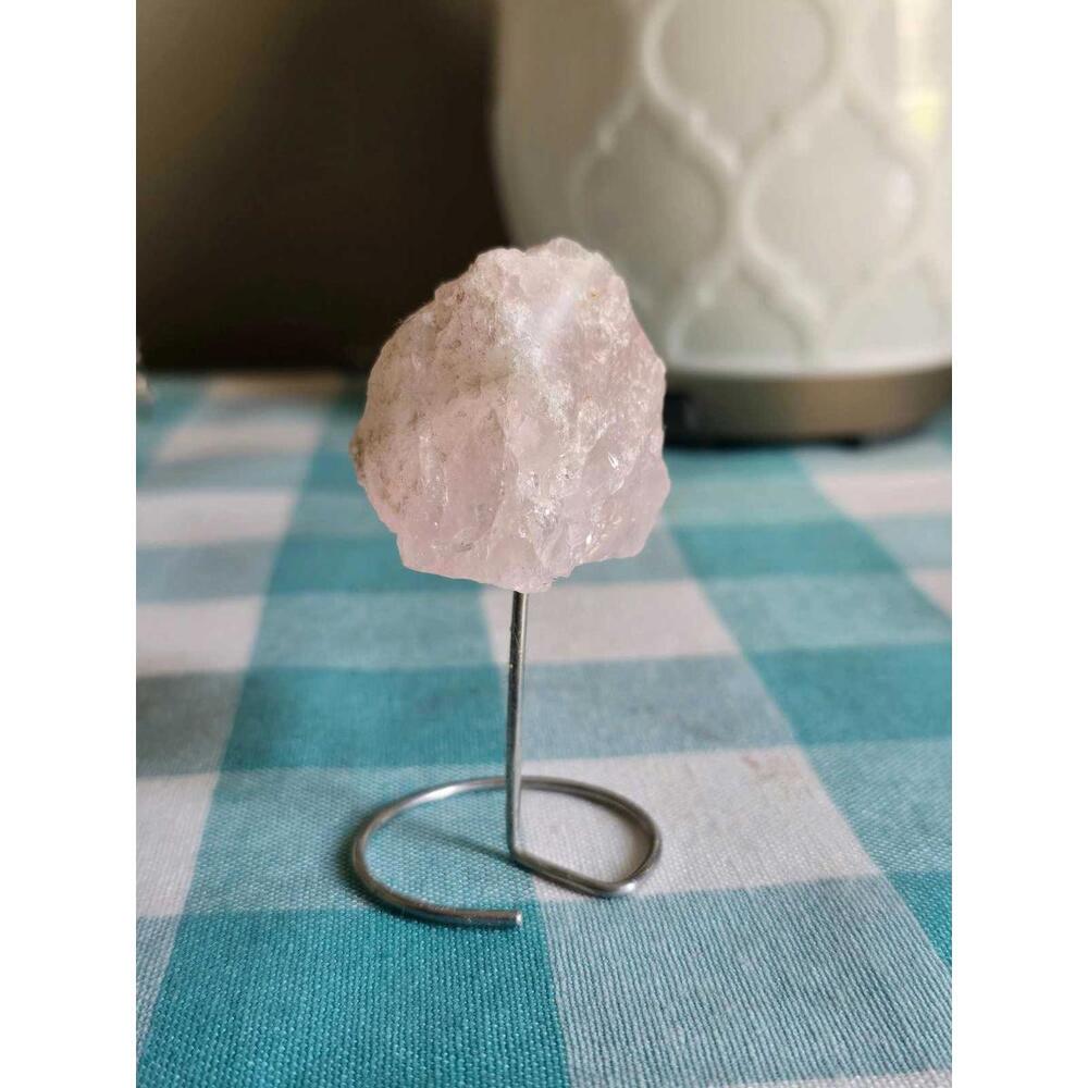 Natural Rose Quartz Rough Crystal on Metal Stand Display Healing Decor